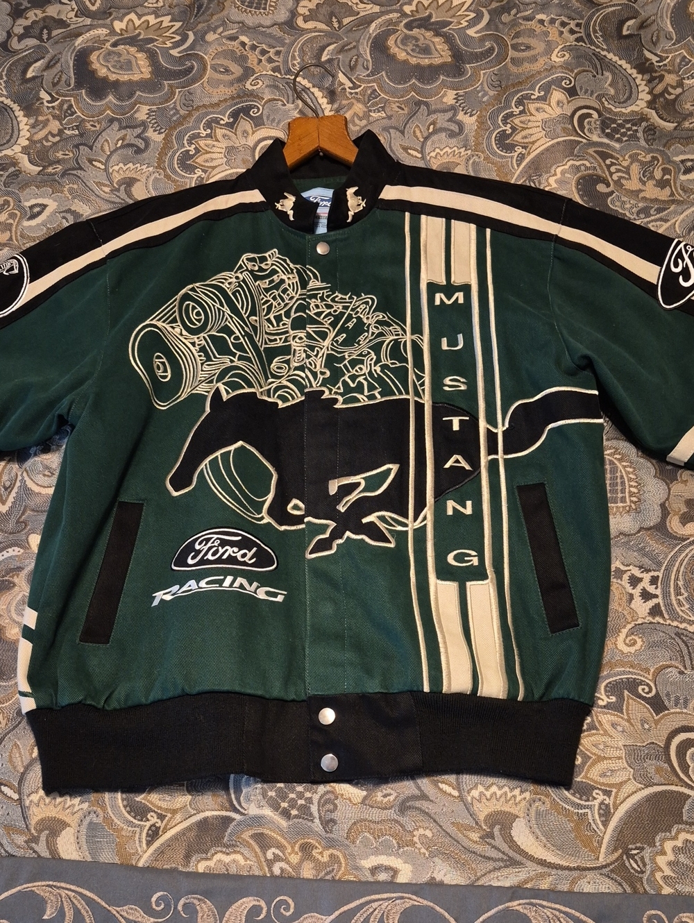 Ford Green and Black Mustang Embroidered Racing Bomber Jacket